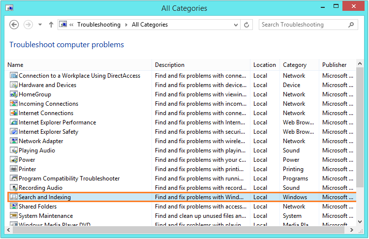 Search service - Control Panel - Small Icons - Troubleshooting - View All - Search and Indexing -- Windows Wally