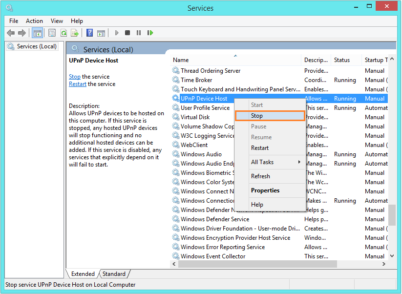 svchost.exe - services.msc - UPnP Device Host - Stop -- Windows Wally