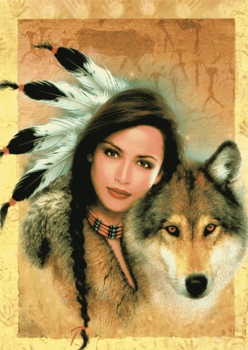 native american woman with wolf