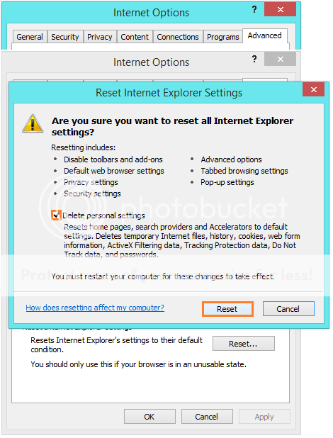 Internet Explorer stoppt - Internetoptionen - Erweitert - Zurücksetzen - Zurücksetzen - Windows Wally
