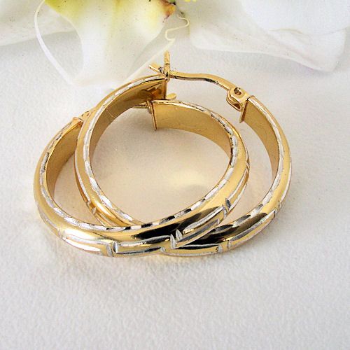 Perfect Two Tone Engraved 14K Sterling Hoop 1 Earring  